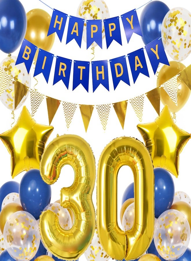 Douvelue 30th Birthday Decorations for Him, Navy Blue Gold Balloons and Happy Birthday Banner, 40 Inch Number 30 Foil Balloons with Bunting, for Men Women Party Decoration - Image 1